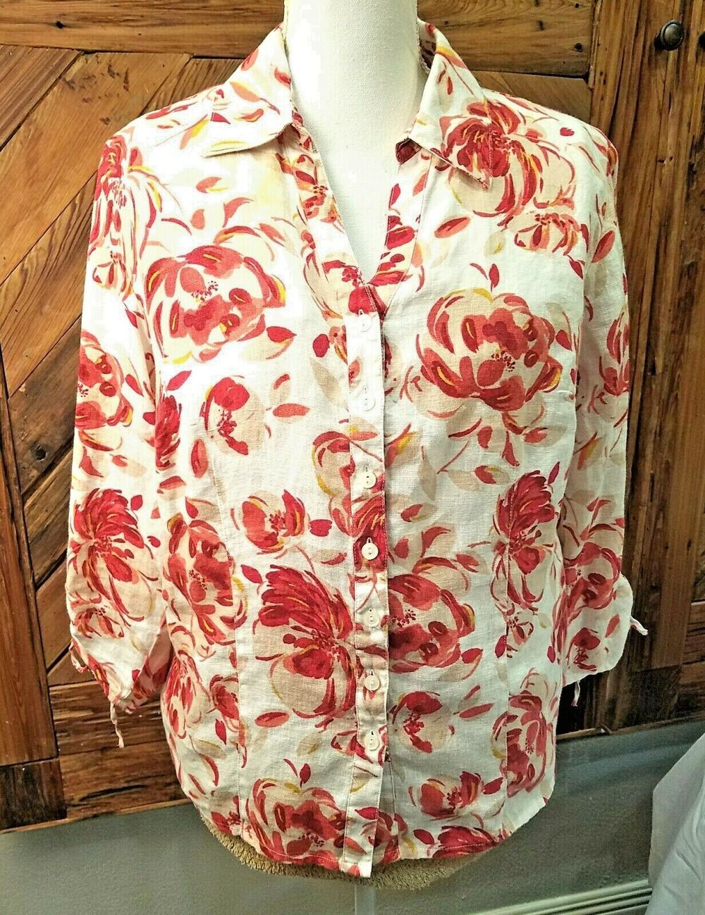 JM Collection Women's Size 8 Linen Long Sleeve Blouse. Cream, Tan, Red Floral